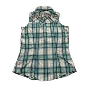 Blue plaid Harley Davidson Vest women’s XS button up embroidered cutoff y2k